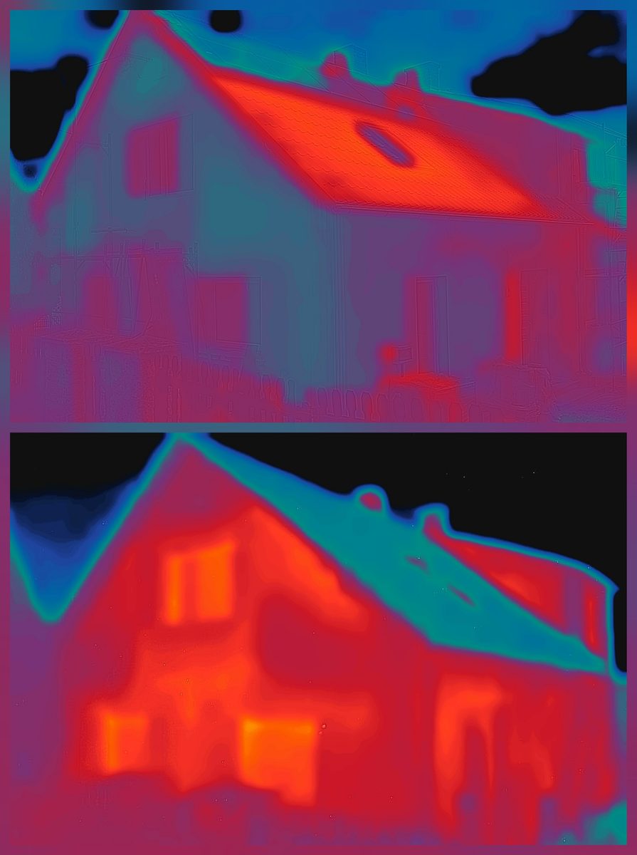 Deux thermographies superposées d'une maison individuelle, avant et après application. Les surfaces de façade et la toiture se distinguent nettement par leurs couleurs.