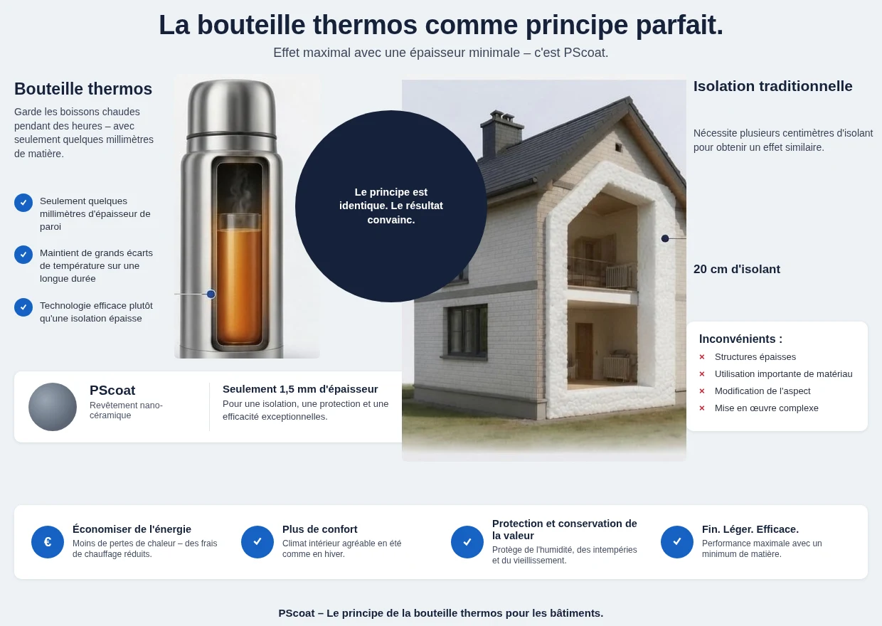 Graphique comparatif : une bouteille thermos conserve la chaleur avec quelques millimètres d'épaisseur de paroi, là où une isolation classique nécessite quinze à vingt centimètres de polystyrène